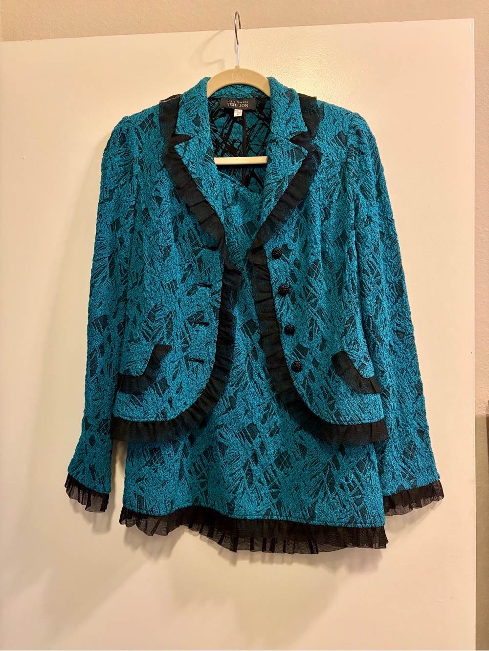 Teri Jon Teal Lace Blazer with Black Ruffle Trim